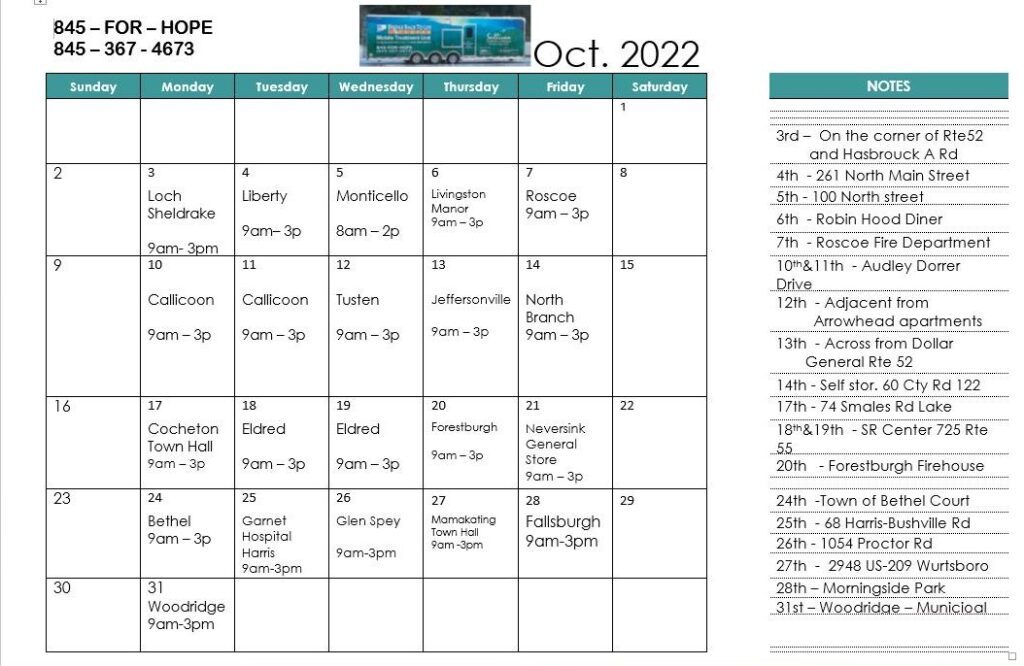 Sullivan County Mobile Treatment Unit October 2022 Calendar For